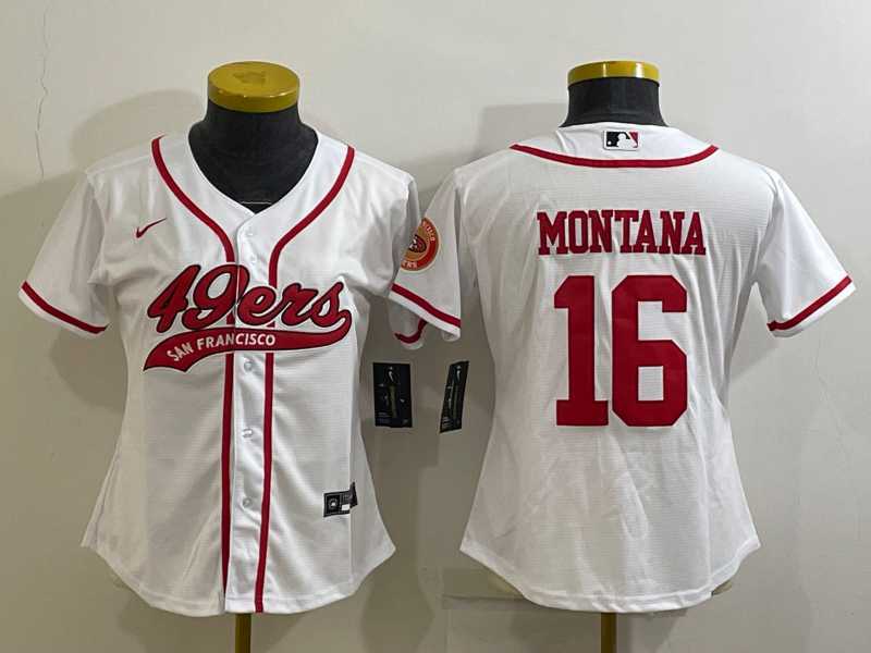 Women%27s San Francisco 49ers #16 Joe Montana White With Patch Cool Base Stitched Baseball Jersey
